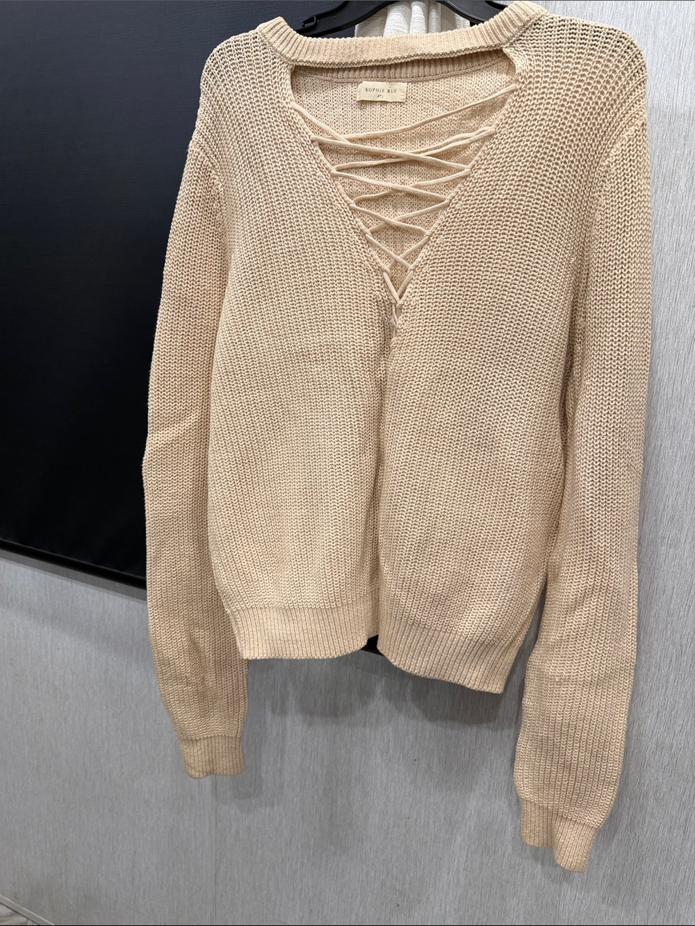 Sophie Rue Beige Lace-Up V-Neck Knit Sweater